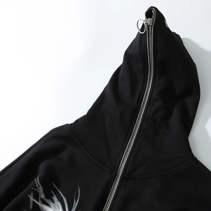 Aolamegs Punk Graphic Print Zipper Ribbon Hooded Hoodie Men Casual Bla