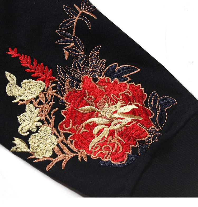 2023 Men Hip Hop Hoodie Sweatshirt Embroidered Floral Full Moon Rabbit Harajuku Streetwear Hoodie Pullover Cotton Autumn Hipster