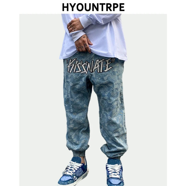 hip hop loose fit elastic waist pants fashion embroidery denim ankle pants mens new casual drewstring sportwear pants joggers relaxed fit joggers