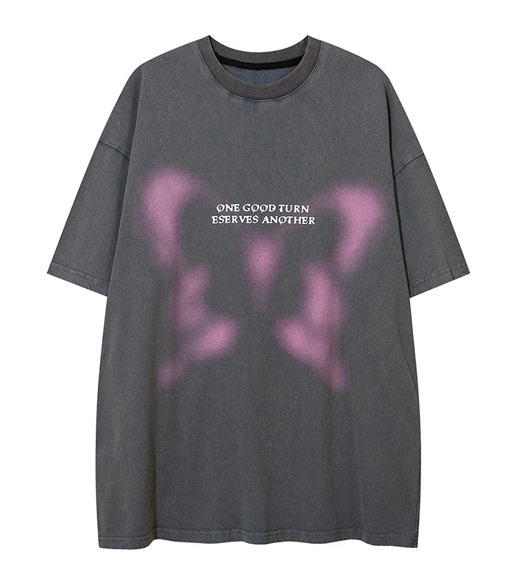 Sadcore Oversized shirt – Aolamegs Butterfly Inkjet Letter Print Washed T Shirt Men Sh