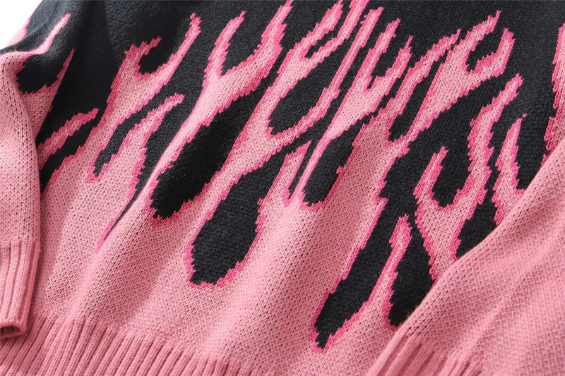hip hop mens streetwear harajuku knitted sweater fire flame autumn winter new o neck sweater pullover loose retro vintage cotton trendy hip hop style outerwear, Y2K vintage urban hoodie, urban wear with bold artwork
