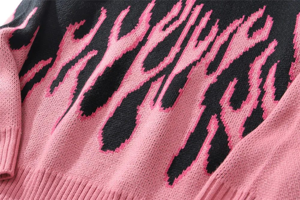 hip hop mens streetwear harajuku knitted sweater fire flame autumn winter new o neck sweater pullover loose retro vintage cotton high quality cotton pullover, Y2K vintage urban hoodie, unique limited edition hoodie