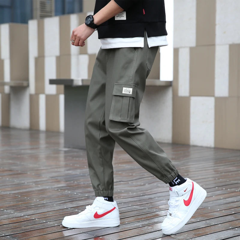 cargo pants men streetwear hip hop pants elastic waist harem ankle length trousers black army green harajuku loose casual pocket combat utility trousers