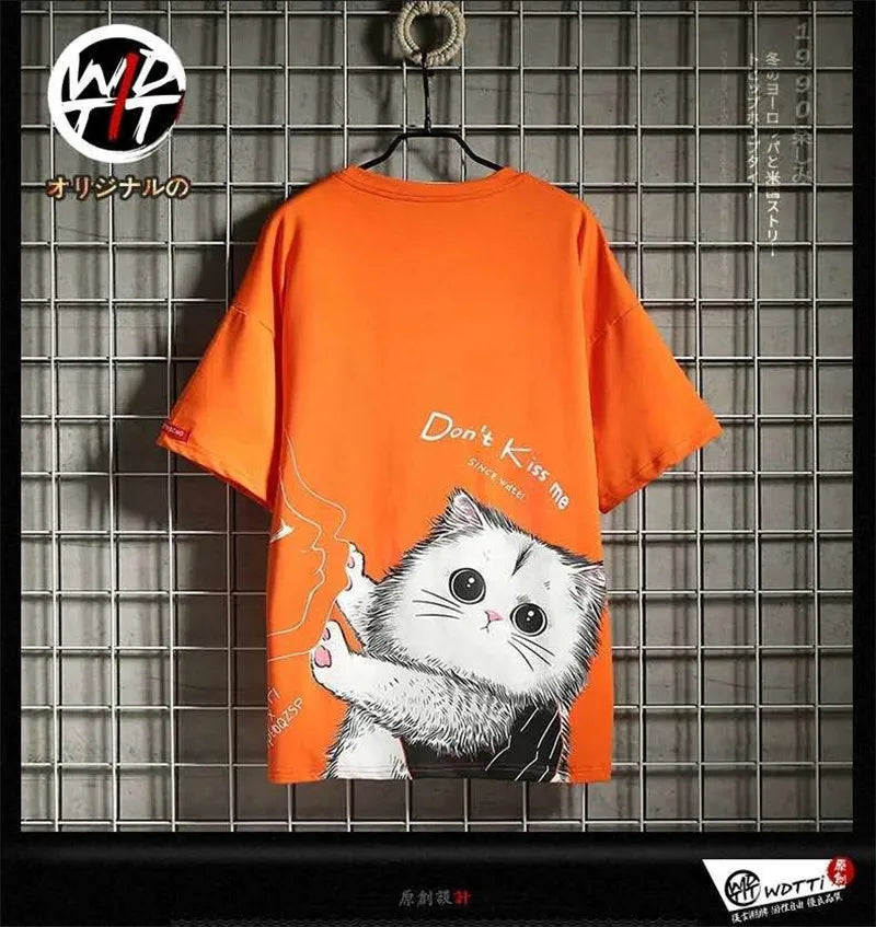 Y2K Graphic Tee – Black Kawaii Cat T Shirt Men Japanese Cute T Shirt – Urban Streetwear for Men & Women