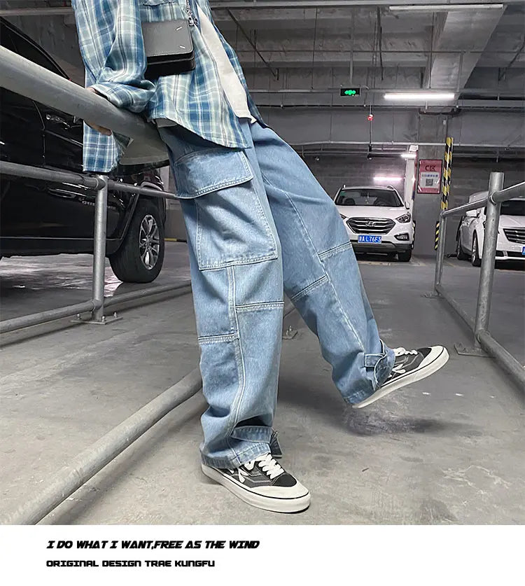 men jeans wide leg denim pants loose straight baggy mens jeans hip hop streetwear skateboard neutral denim trousers cargo jeans unique cargo style 2662