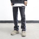 high street washed color match frayed micro flared jeans mens straight spliced retro loose casual denim pants hip hop trousers unique jeans style 19