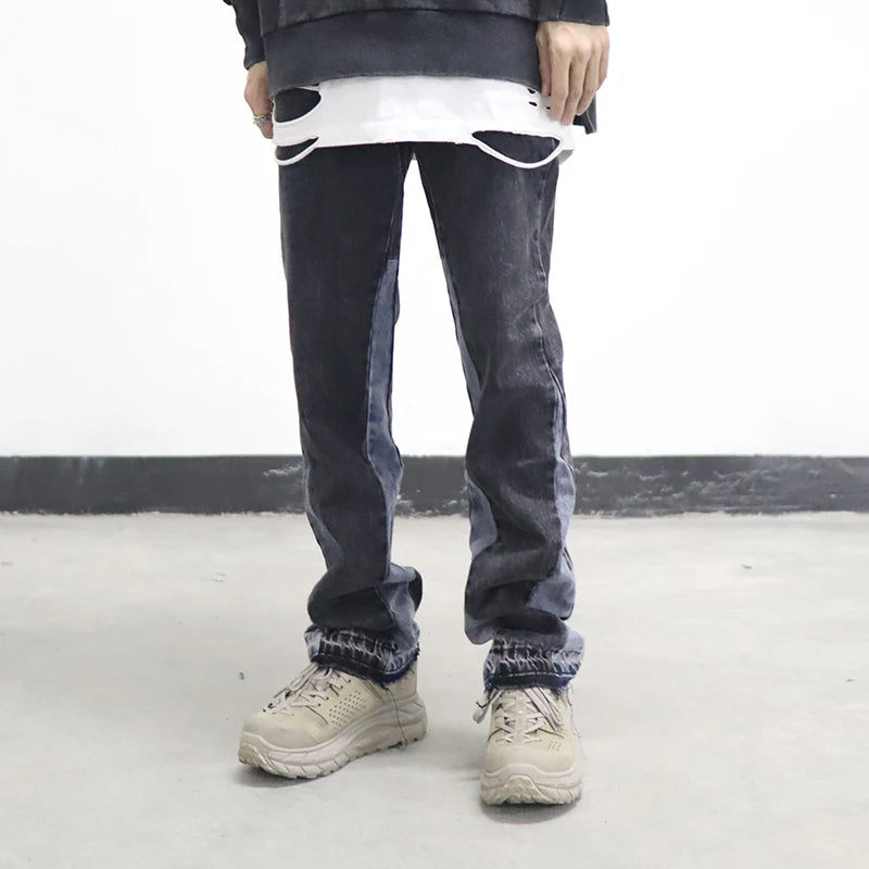 high street washed color match frayed micro flared jeans mens straight spliced retro loose casual denim pants hip hop trousers unique jeans style 19