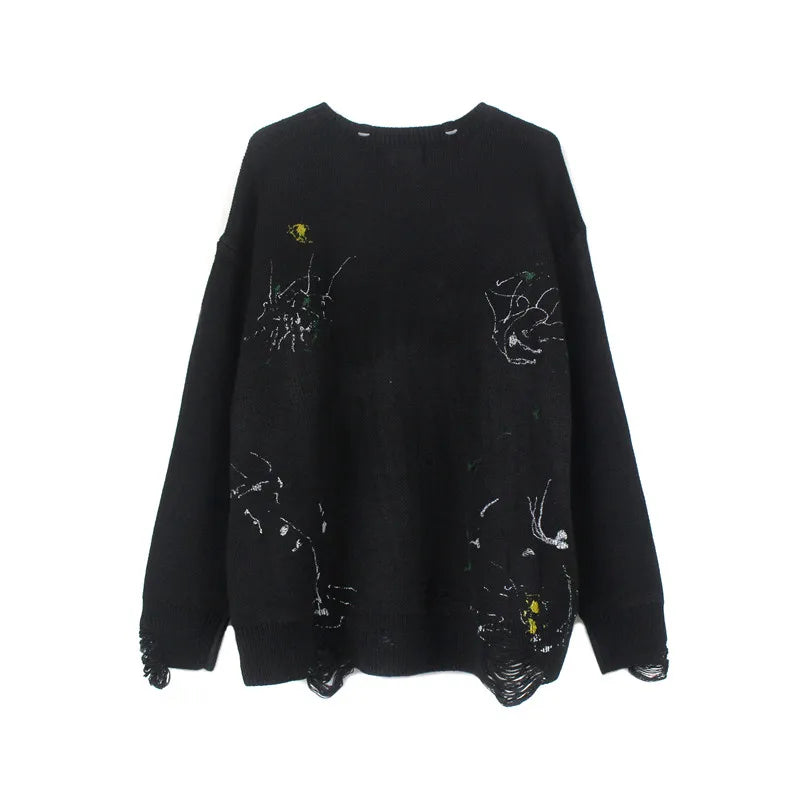 mens hip hop streetwear skull graffiti harajuku sweaters casual knitted sweater ripped holes cotton pullover men jumper sweater - oversized streetwear hoodie, vintage look oversized hoodie, unisex casual winter pullover