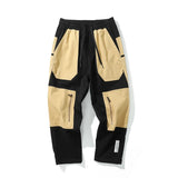 rainbowtouches men fashion retro casual splicing solid color straight cargo zipper pocket pants hip hop high street long trouser unique cargo style 3160