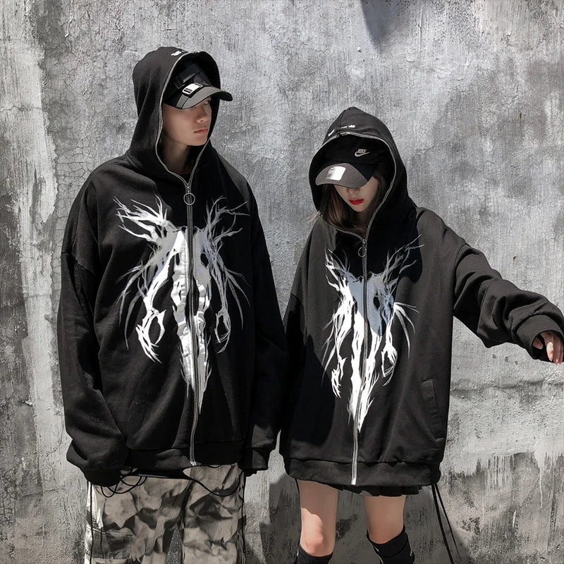 Aolamegs Punk Graphic Print Zipper Ribbon Hooded Hoodie Men Casual Bla