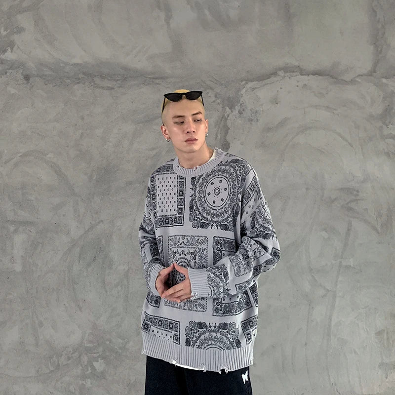 hip hop paisley printed ripped knitted holes sweater mens autumn winter long sleeve pullover streetwear loose sweaters clothing aesthetic street look hoodie, streetwear fashion hoodie, trendy hip hop style outerwear