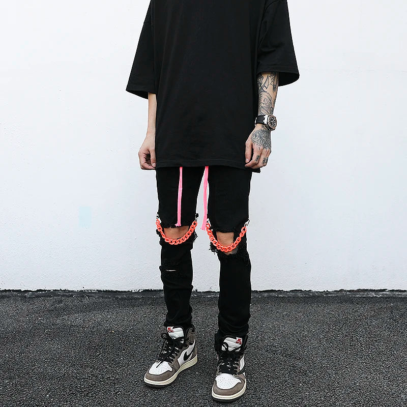 high street knee hole with chain ripped biker jeans mens slim fit denim pants autumn new streetwear casual hip hop pants joggers sporty tapered joggers