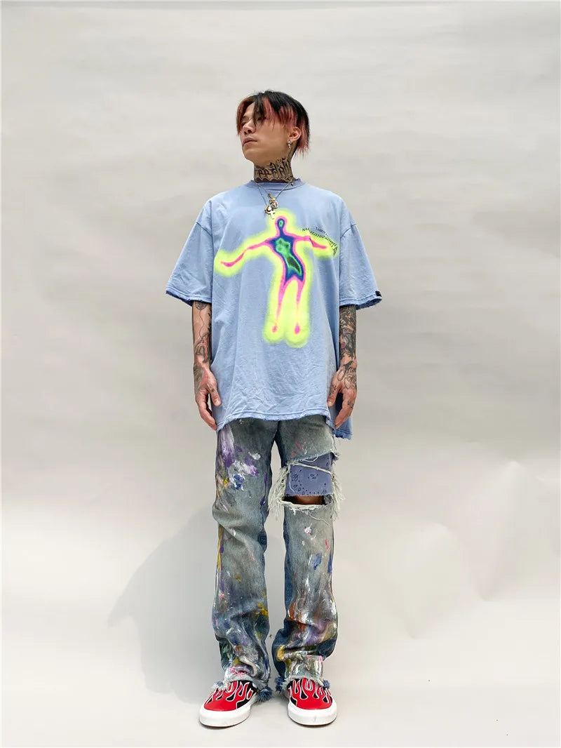 Vaporwave Aesthetic print tee – Distorted Portrait Printing Short Sleeved T Shirt Hip Hop Su