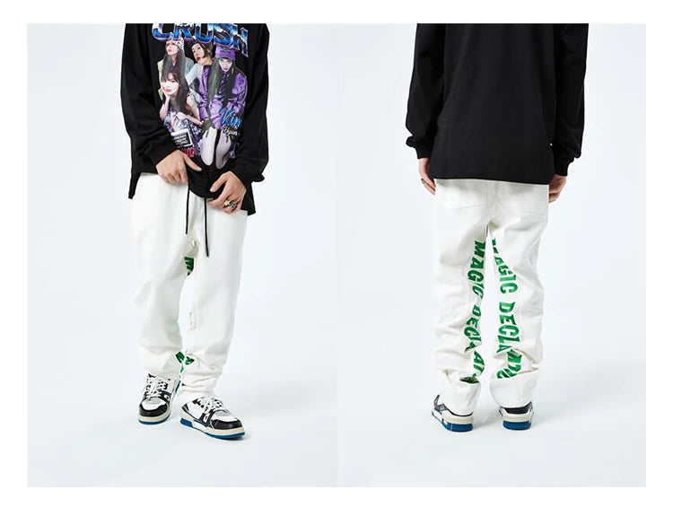 men jeans hip hop letters embroidery denim jeans high street casual loose straight elastic waist joggers hip hop streetwear pant unique joggers style 3863