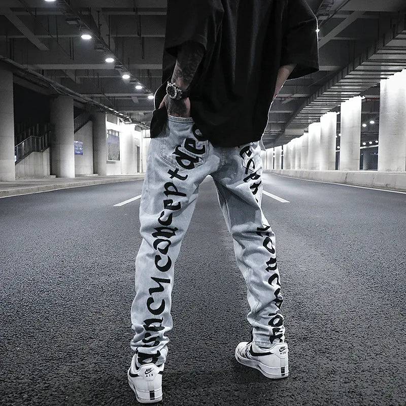 men back letter embroidery denim jean pants fashion slim zipper biker jeans trouser new casual hip hop streetwear pants joggers unique joggers style 1291