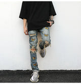 high street butterfly embroidery knee ripped hole jeans mens casual hip hop distressed jeans slim fit skinny denim pants joggers unique joggers style 1880