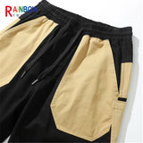 rainbowtouches men fashion retro casual splicing solid color straight cargo zipper pocket pants hip hop high street long trouser combat utility trousers