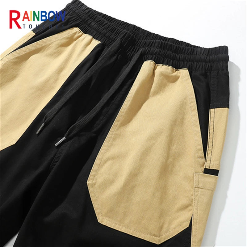 rainbowtouches men fashion retro casual splicing solid color straight cargo zipper pocket pants hip hop high street long trouser combat utility trousers