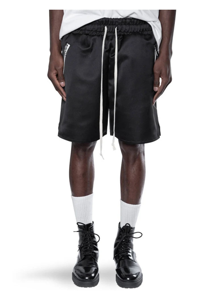 Men Hip Hop Loose Shorts Elastic Waist Shorts Fashion Satin Shorts Zipper Pocket Casual Drewstring Streetwear Sportswear Joggers