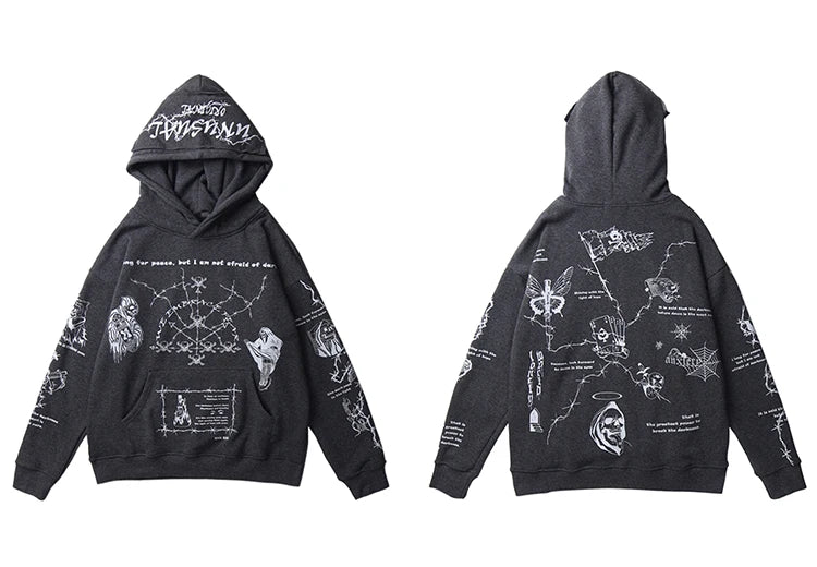 2023 Hip Hop Hoodie Sweatshirt Men Streetwear Skull Graffiti Print Hoodie Pullover Cotton Autumn Grey Harajuku Punk Clothes New