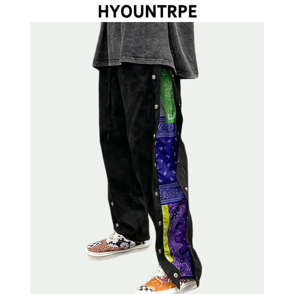 mens side buttons patchwork harajuku straight pants casual elastic waist fake suede trousers hip hop streetwear casual joggers sporty tapered joggers