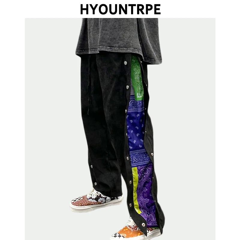 mens side buttons patchwork harajuku straight pants casual elastic waist fake suede trousers hip hop streetwear casual joggers sporty tapered joggers