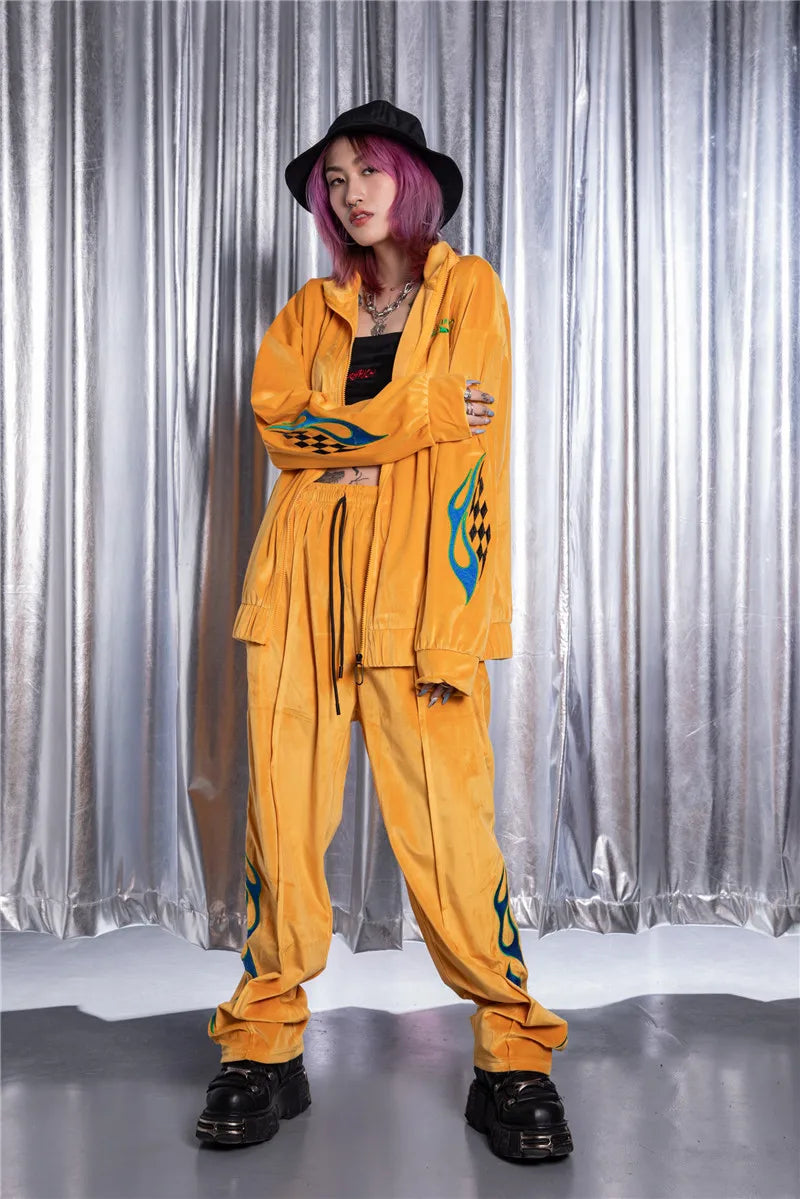 2 pieces set men embroidery velvet zipper jacket and elastic waist loose straight pants sweatsuit hip hop tracksuits sweatsuit urban fashion pants