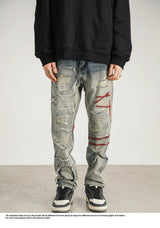 destroyed ripped straight jeans pants mens distressed biker jeans fashion irregular embroidery streetwear hip hop pants joggers unique joggers style 3947