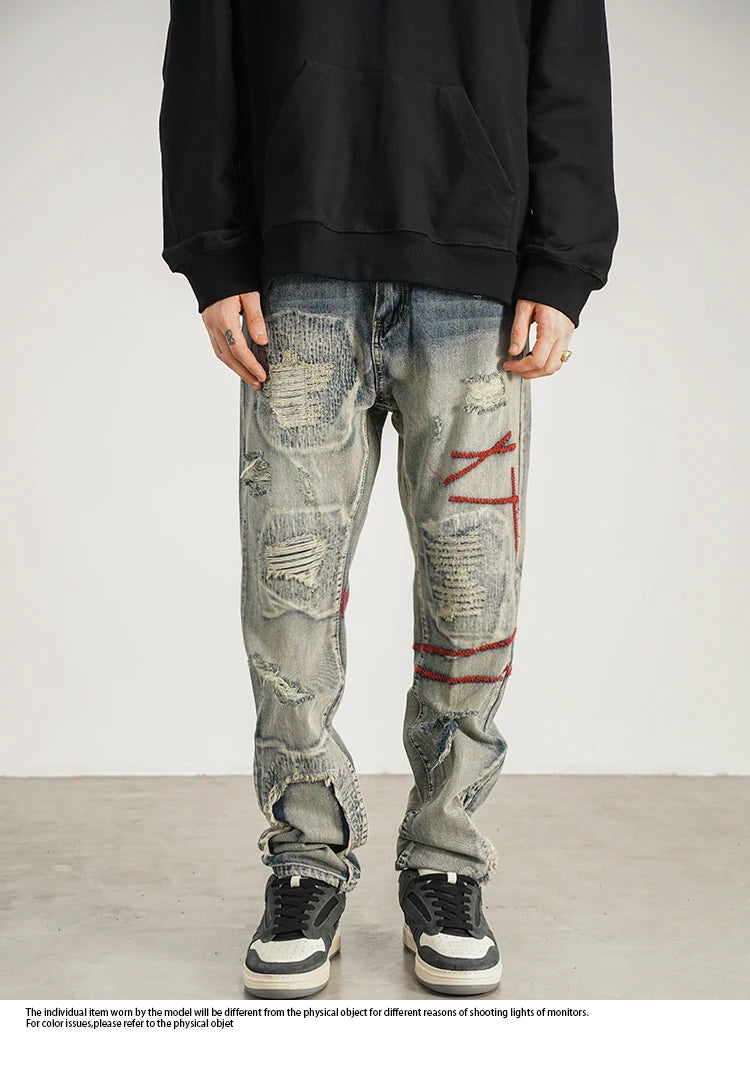 destroyed ripped straight jeans pants mens distressed biker jeans fashion irregular embroidery streetwear hip hop pants joggers unique joggers style 3947