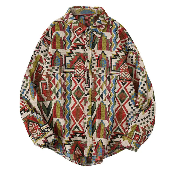 Layered Techwear Shirt Jacket – Gonthwid National Style Knitted Geometric Patterns Color Block Button Shirts Harajuku Casual Long Sleeve Tees Tops Streetwear | Button Shirt Drop #195