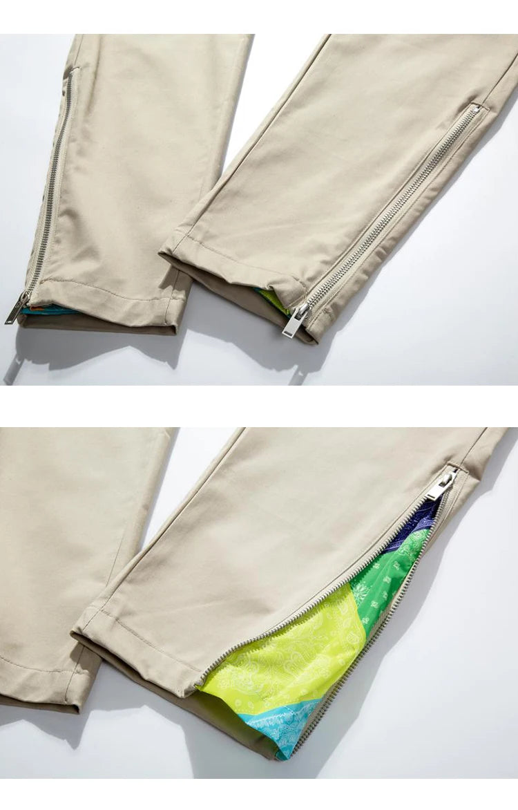 mens high street loose fit elastic waist pants bottom zipper patchwork cargo pants hip hop drawstring sportwear pants joggers unique joggers style 5430