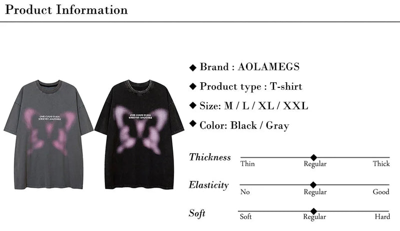 Sadcore Oversized shirt – Aolamegs Butterfly Inkjet Letter Print Washed T Shirt Men Sh
