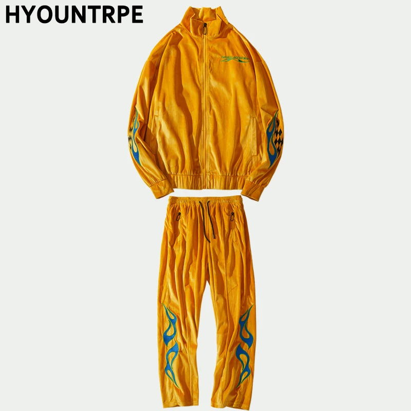 2 pieces set men embroidery velvet zipper jacket and elastic waist loose straight pants sweatsuit hip hop tracksuits sweatsuit unique default style 4301