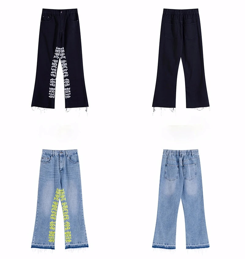 fashion letters embroidery denim flare jeans mens high street elastic waist straight trouser hip hop streetwear pants joggers unique joggers style 4807