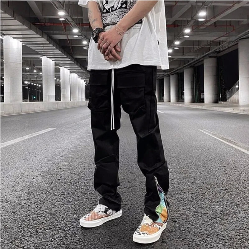 mens high street loose fit elastic waist pants bottom zipper patchwork cargo pants hip hop drawstring sportwear pants joggers casual joggers