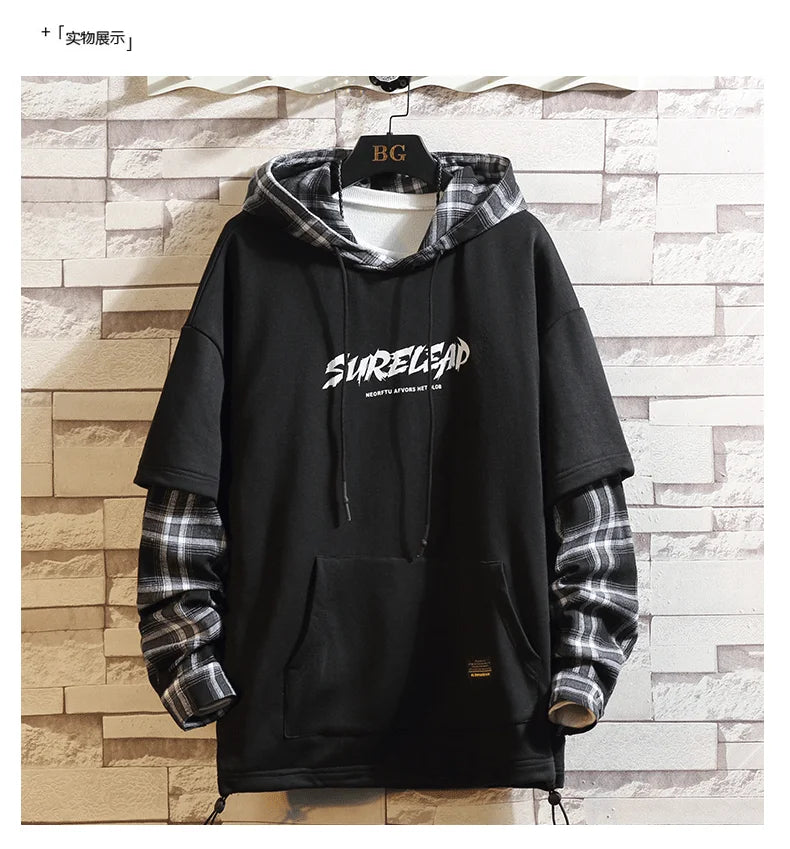 Black Patchwork Hoodies Autumn Spring Mens Sweatshirts Hiphop Punk Str