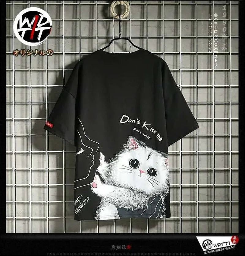 Y2K Graphic Tee – Black Kawaii Cat T Shirt Men Japanese Cute T Shirt – Urban Streetwear for Men & Women