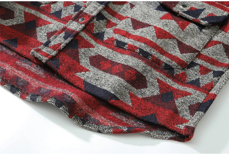 Color Retro Geometric Pattern Men Shirt Thick Casual Baggy Big Pockets High Street Autumn Streetwear