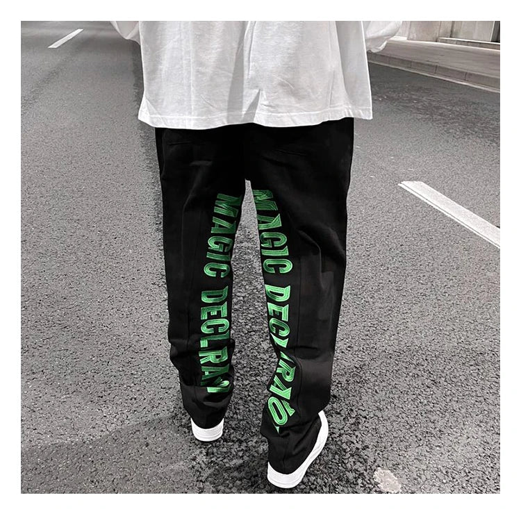men jeans hip hop letters embroidery denim jeans high street casual loose straight elastic waist joggers hip hop streetwear pant unique joggers style 3860
