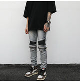 high street pu leather zippers patchwork biker jeans mens stretch denim slim jean pants motorcycle slim trousers hip hop pants unique jeans style 2304