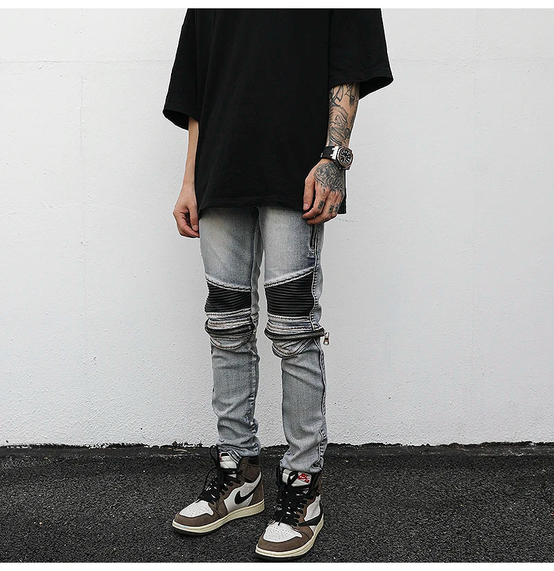 high street pu leather zippers patchwork biker jeans mens stretch denim slim jean pants motorcycle slim trousers hip hop pants unique jeans style 2304