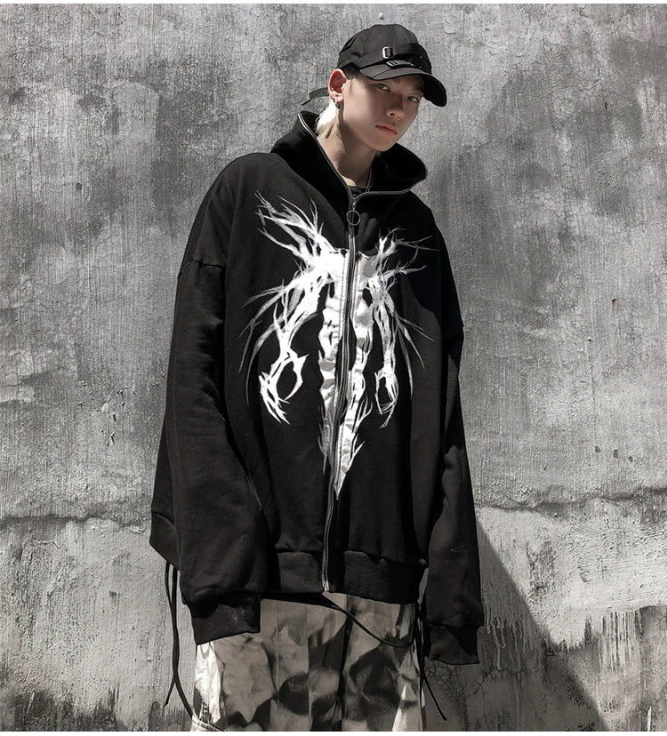 Aolamegs Punk Graphic Print Zipper Ribbon Hooded Hoodie Men Casual Bla