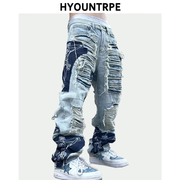 men high street denim jean pants casual loose destroyed ripped holes straight jeans fashion patchwork hip hop streetwear joggers streetwear sweatpants