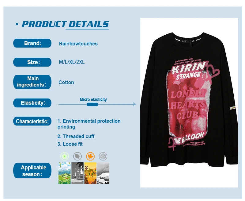 Harajuku Oversized Shirt – Rainbowtouches Mens Long Sleeve T Shirt New High Street Fash – Modern Streetwear for Everyone