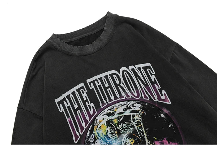 Hip Hop 2023 Men Streetwear Sweatshirt Skull Lightning Print Pullover Ripped Hole Sweatshirt Harajuku Cotton Loose Sweat Shirt