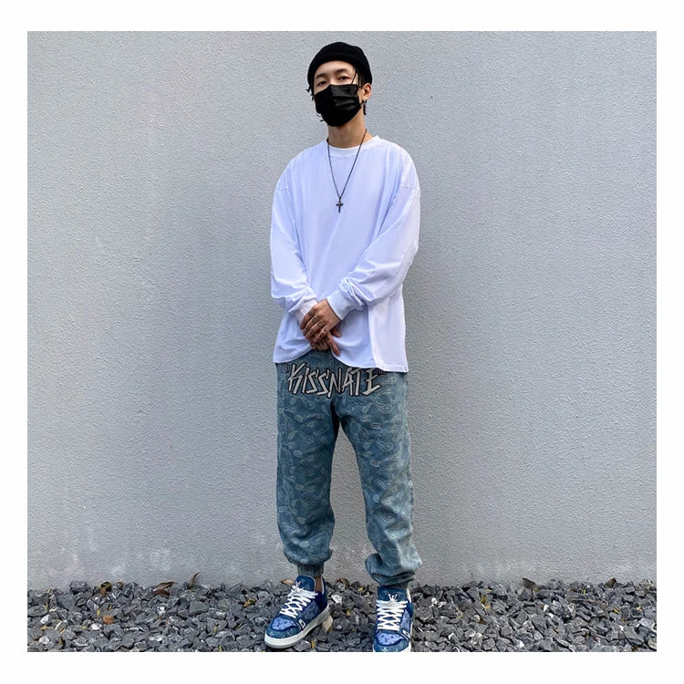 hip hop loose fit elastic waist pants fashion embroidery denim ankle pants mens new casual drewstring sportwear pants joggers unique joggers style 2187