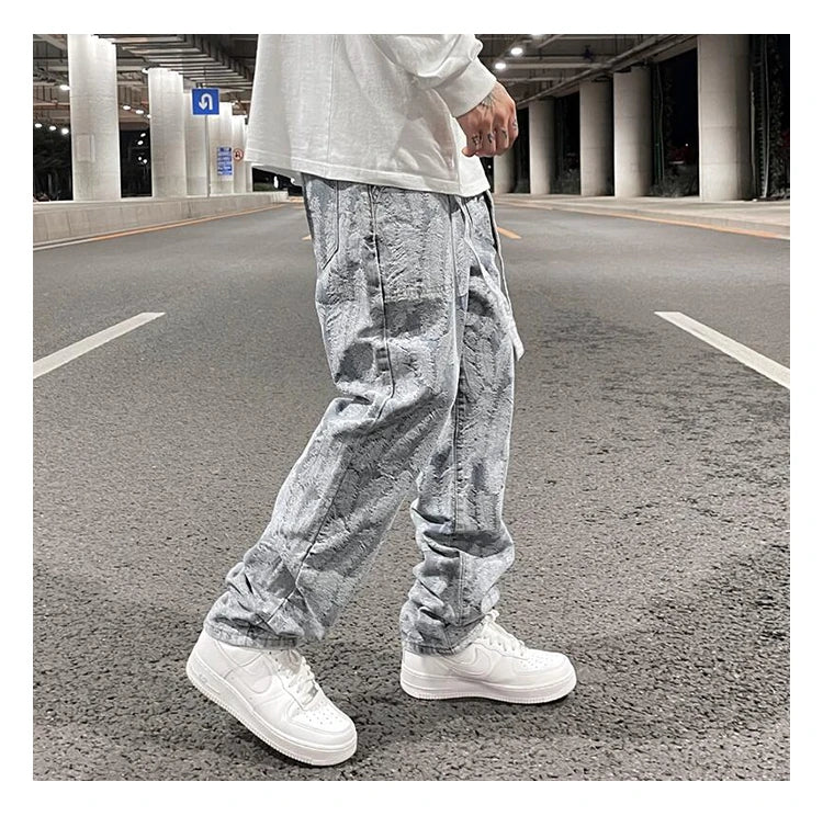 high street feathers embroidery denim pants mens zipper straight jeans trouser with belt hip hop streetwear loose joggers pants unique joggers style 3598