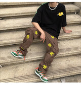 mens high street smilely loose cargo pants casual zipper straight jeans hip hop side pockets loose fit streetwear casual joggers unique joggers style 3484