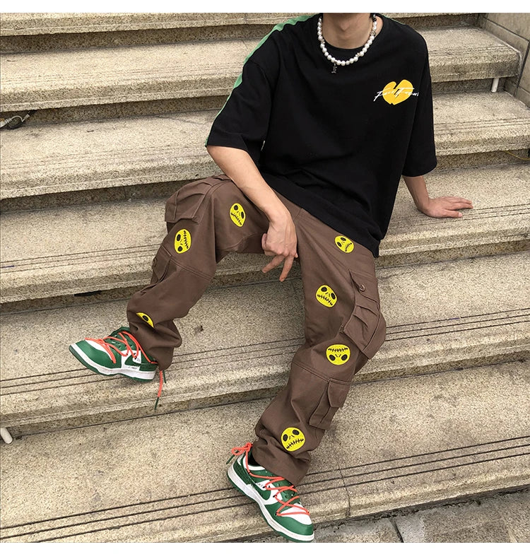 mens high street smilely loose cargo pants casual zipper straight jeans hip hop side pockets loose fit streetwear casual joggers unique joggers style 3484