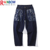 rainbowtouches fashion brand mens jeans high street pants print design long trousers loose straight vintage style boy wide legs denim street jeans